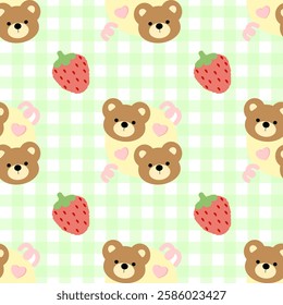 Bear, Strawberry on green background, Fabric pattern, Gift wrapping paper, Notebook cover, Phone case , seamless pattern 