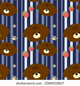 Bear, Strawberry on navy background, Blue lines, Fabric pattern, Wrapping paper pattern, Mobile phone case, Notebook cover , seamless pattern 