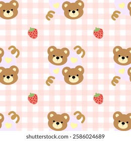 Bear, Strawberry on pink background, Fabric pattern, Gift wrapping paper, Notebook cover, Phone case , seamless pattern 