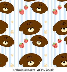 Bear, Strawberry on white background, Blue lines, Fabric pattern, Wrapping paper pattern, Mobile phone case, Notebook cover , seamless pattern 