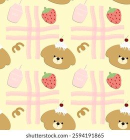 Bear, strawberry on yellow background, fabric pattern, seamless pattern