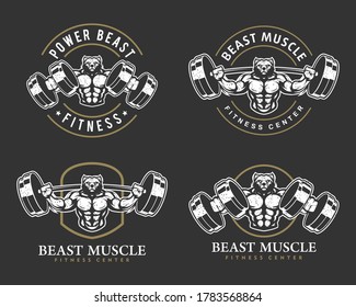 Bear with strong body, fitness club or gym logo set. Design element for company logo, label, emblem, apparel or other merchandise. Scalable and editable Vector illustration