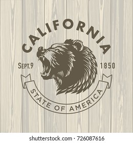 Bear, stylized logo California, on wooden background, illustration, vector