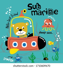 bear and submarine on the deep sea funny animal cartoon,vector illustration