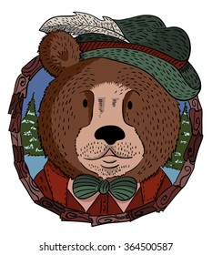 Bear in the suit of the hunter. in the forest. a hat with a feather