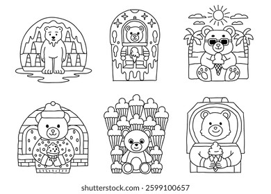A Bear in Summer and Ice Cream. Line art bear illustrations in summer settings, featuring ice cream and fun activities