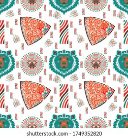 Bear and  sun tribal tattoo seamless pattern vector with retro color tone