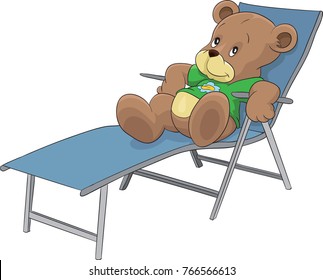 Bear sunbathing and resting on sunbed, teddy bear sitting on the sunbed, beach chair