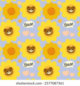 Bear, Sunflower flower on purple background, Pink lines, Fabric pattern, Wrapping paper, Notebook cover , seamless pattern 