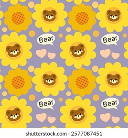 Bear, Sunflower flower on purple background, Pink lines, Fabric pattern, Wrapping paper, Notebook cover , seamless pattern 