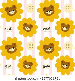 Bear, Sunflower flower on white background, Pink lines, Fabric pattern, Wrapping paper, Notebook cover , seamless pattern 