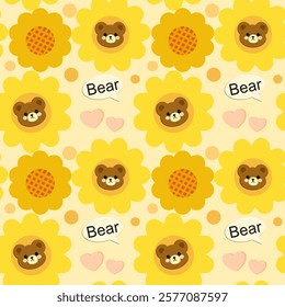 Bear, Sunflower flower on yellow background, Pink lines, Fabric pattern, Wrapping paper, Notebook cover , seamless pattern 