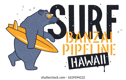 Bear with Sunglasses and Surfboard for T-shirt Design. Surfing Graphic Tee. Funny illustration on the theme of surfing and summer vacation