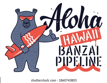 Bären Sie mit Sonnenbrille und Surfbrett für T-Shirt-Design. Aloha Hawaii Grafiktee für Kinder. Schöne Illustration zum Thema Surfen