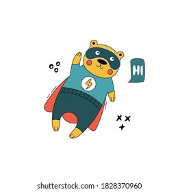 Bear superhero in funny comic costumes. Vector hand-drawn illustration with an animal on white background. Can be used for greeting card, nursery, poster
