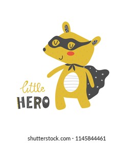 Bear Superhero with mask and raincoat. Illustration for kids in cartoon style in vector.