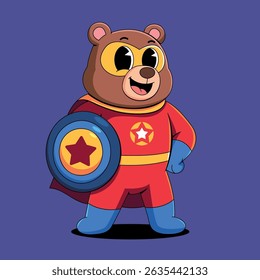Bear superhero with shield cartoon illustration