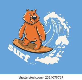 Bear surf on big wave cool summer t-shirt print. Animal ride surfboard. Surf slogan. Surfer funny child wear illustration. Sea surf sport kids typography fashion