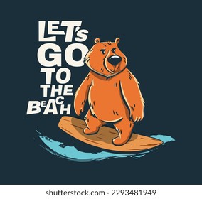 Bear surfer cool summer t-shirt print. Wild animal ride surfboard on big wave. Slogan. Beach funny child wear illustration. Tropical sea surf sport kids typography fashion