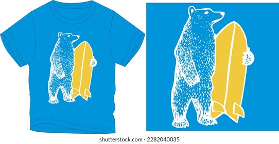 bear with surfing board graphic design vector