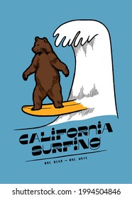 Bear surfing California wave. Cute american animal surfing typography t-shirt print. California surfing summer sports vector illustration.