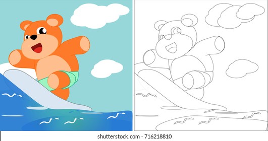bear are surfing coloring book. vector cartoon illustration