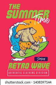 A bear surfing on the beach with sunset background and 80's style vibrant illustration
