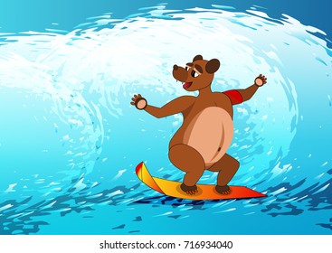 bear surfing on the waves. vector cartoon illustration