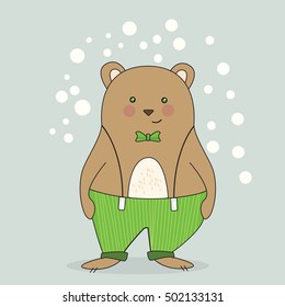 Bear in suspenders and bow tie. Vector illustration