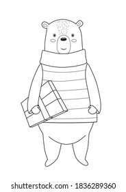 Bear in a sweater with a gift. Coloring page for coloring book. Cartoon vector illustration.