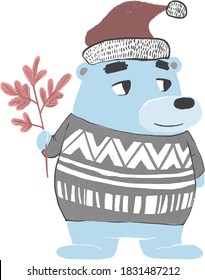 Bear in a sweater and hat, with a Christmas twig, new year and Christmas, 2021