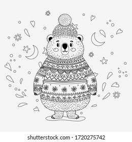 Bear in a sweater and hat. Coloring book for children. Vector isolated illustration. Month, stars, hearts.