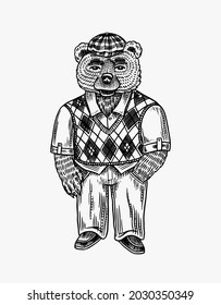 Se debe llevar un suéter y una gorra. Estilo de la moda argelino Carácter de moda. Caballero victoriano. Un aspecto retro vintage. Esbozo dibujado a mano. Ilustración grabada de vectores para el logo y tatuaje o camisetas.