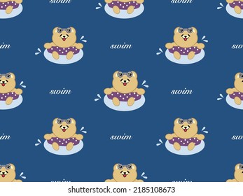 Bear swimming cartoon character seamless pattern on blue background. Pixel style