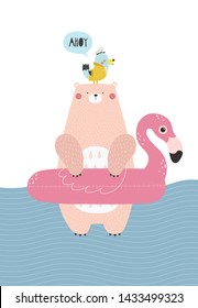 Bear swims in an inflatable circle with a bird on his head. Vector illustration in a scandinavian style. Funny poster.