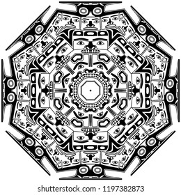 Bear Symbol Modern Stylization of North American and Canadian Native Art. Round Ornamental Mandala in Traditional  Style. Black and White Vector Illustration. Isolated Background for Fashion Textile