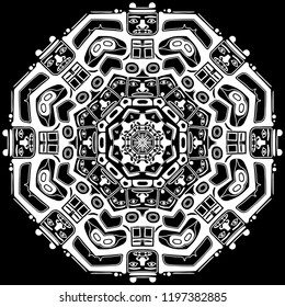 Bear Symbol Modern Stylization of North American and Canadian Native Art. Round Ornamental Mandala in Traditional  Style. Black and White Vector Illustration. Isolated Background for Fashion Textile