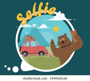 Bear takes selfie with red car on mountain trail
