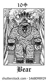 Bear. Tarot card from vector Lenormand Gothic Mysteries oracle deck. Black and white engraved illustration. Fantasy and mystic line art drawing. Gothic, occult and esoteric background