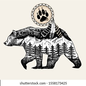 Bear tattoo style. Vector Double exposure, bear for your design, wildlife concept. Shaman tambourine with a bear footprint. Vector animal tattoo or t-shirt print design.
