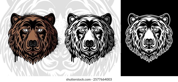 Bear tattoo vector illustration. Isolated tiger head roaring pose with color, black and white version.