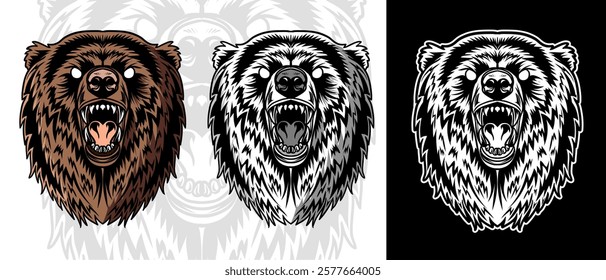 Bear tattoo vector illustration. Isolated tiger head roaring pose with color, black and white version.