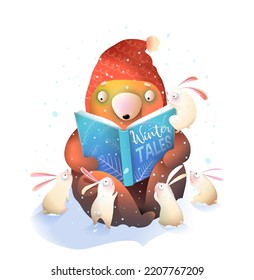 Bear Teacher Reading Book To Rabbits In Winter, Storytelling Illustration For Children Library Or School. Cute Reading Animals Clipart Cartoon For Children. Vector Art For Kids.