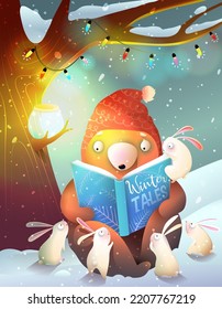 Bear teacher reading book under big tree to rabbits in forest cold winter night, storytelling illustration for children library or school. Cute reading animals in woods. Vector art for kids.