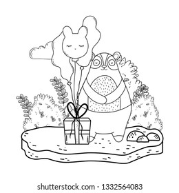bear teddy with gift and balloons helium in the landscape