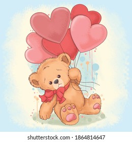 Bear Teddy holds balloon that is shaped like love heart  This vector uses watercolor painting style which is easy to edit layers