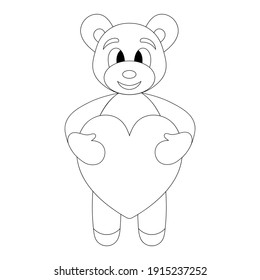 Bear. A teddy bear holds a heart in its paws. Sketch. Vector illustration. Outline on an isolated white background. Coloring book for children. Valentines Day. Doodle style. Little bear cub. 