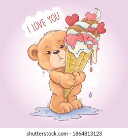 Bear Teddy holds a melting love heart kone ice cream