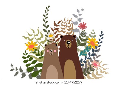 Bear Teddy, Bear Polar with Flower Doodle Illustration Vector Cartoon Can Be Used for Invitation Card, Kids Fashion Design, T-Shirt Print.