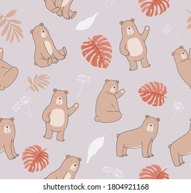 bear teddy polar bear in the forest leaf plant doodle vector Seamless pattern wallpaper